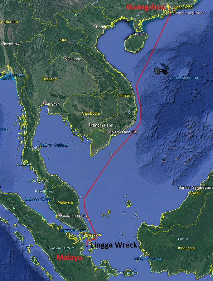The probable route of the Lingga ship.