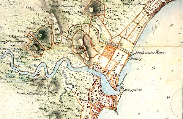 <p>1822 map of Singapore, depicting the “Old Lines of Singapore” or Malay Wall, the Fresh Water River, and other locations mentioned in the earliest British accounts of Singapore. Source: British Library M XII 35 Plan of the Island of Singapore including the new British settlement and adjacent islands. The settlement environs, New Harbour, and adjacent islands surveyed by Lt Col Farquhar etc.</p>
<p>The Singapore Stone inscription was found on Rocky Point. The green presently called the Padang is termed Parade (short for Parade Ground, a military term). Four square structures are depicted on the northwestern fringe of the Padang beside St. Andrew’s Road. At this time the road only extended as far north as the junction with what is now Coleman Street. It is not known what these buildings served. They may have been soldiers’ quarters. This would explain their regular alignment and size It is possible that the structure closest to the junction with what is now known as High Street stood on or near the site of the excavation in 2003. Another map drawn in 1819 depicts a “Line of Officers’ Tents” in this same area; see frontispiece to Miksic 2013.</p>