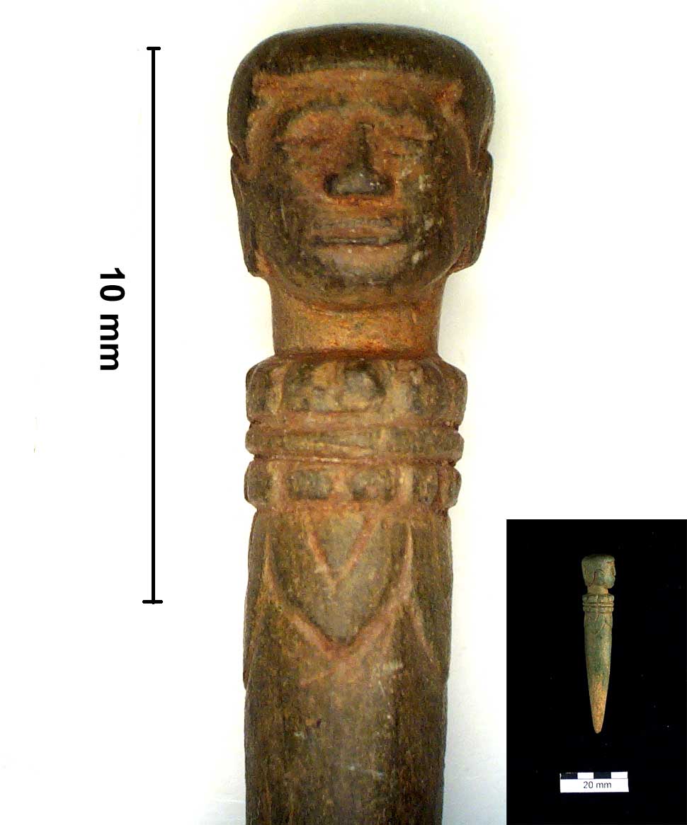 Figure 17: A stone anthropomorphic peg characterized by a head with a collar. This artifact likely functions as a touchstone for determining purity of gold.